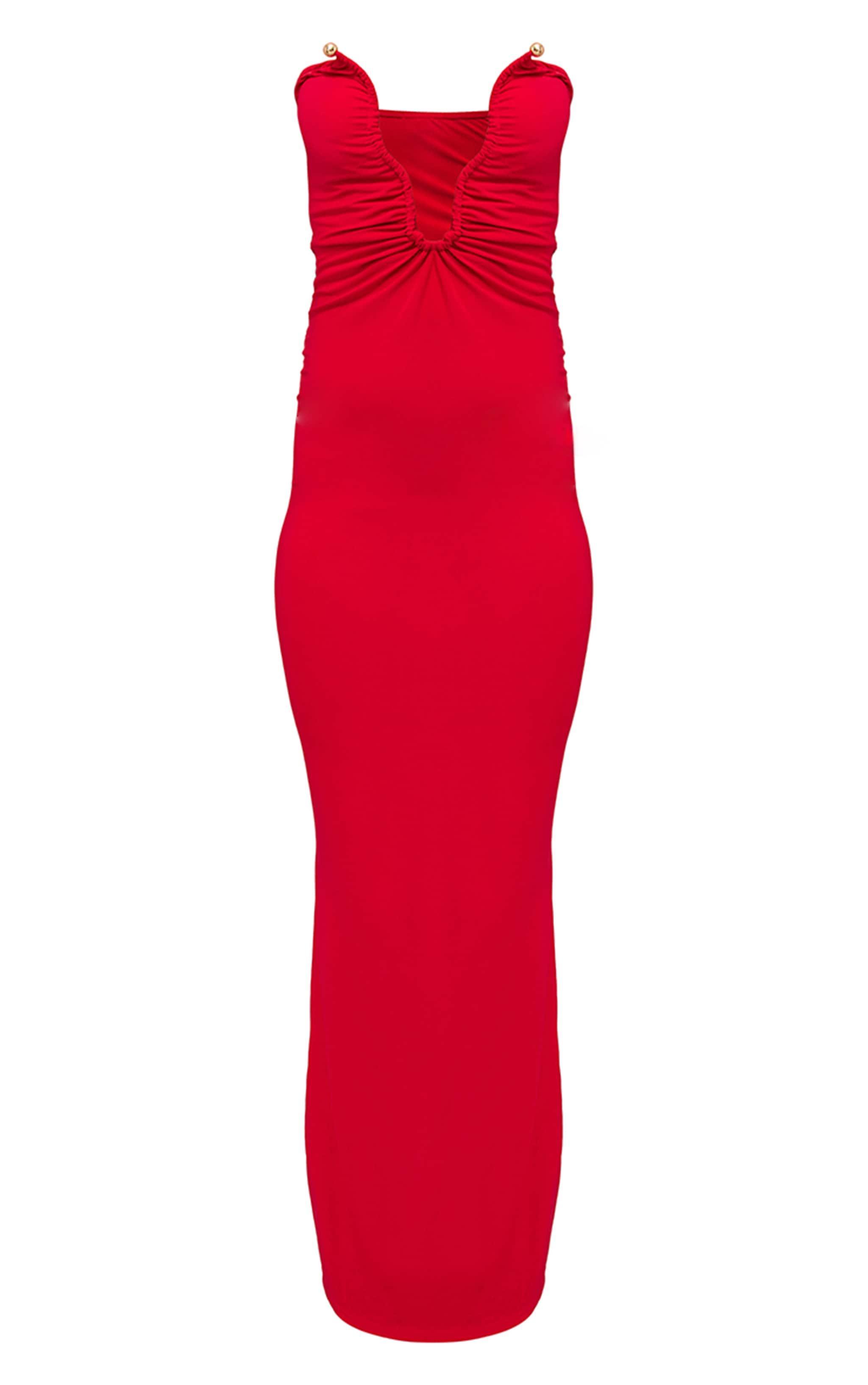 Red Soft Touch Plunge Trim Detail Bandeau Maxi Dress Product Image