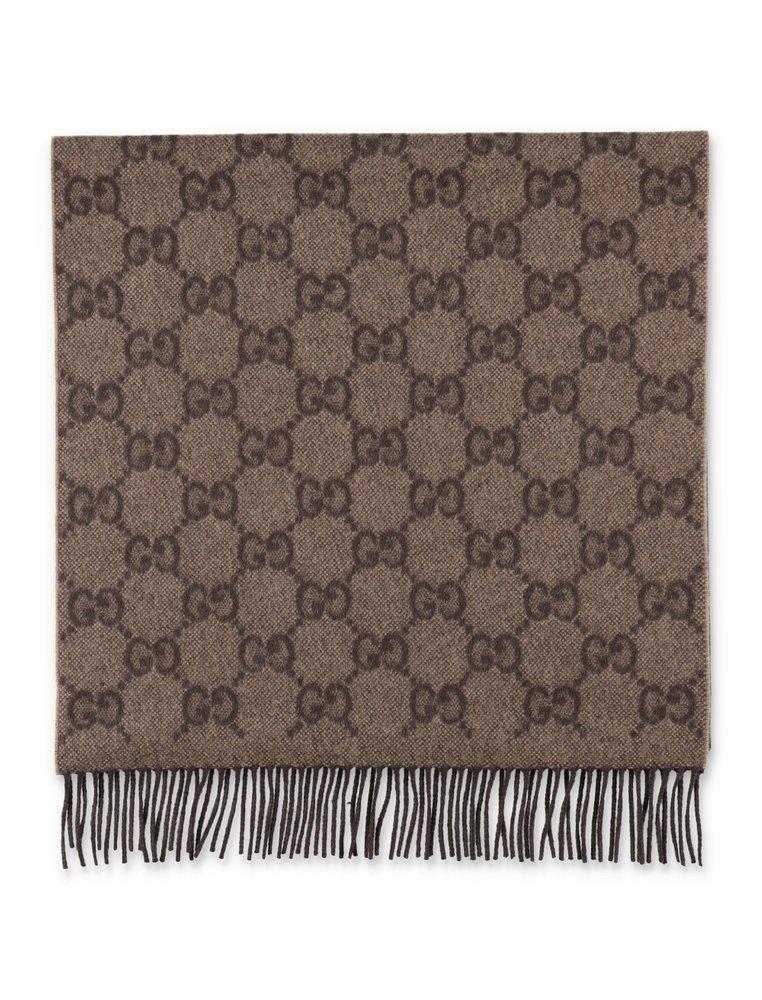 Gg Jacquard Fringed Scarf In Brown Product Image