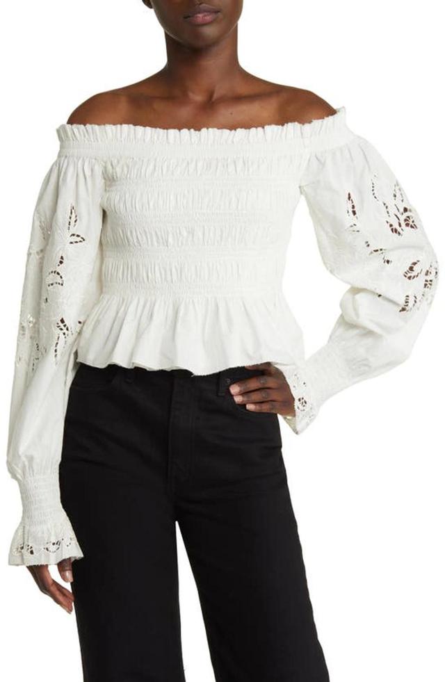 Lara Smocked Eyelet Embroidered Off The Shoulder Top In White Product Image