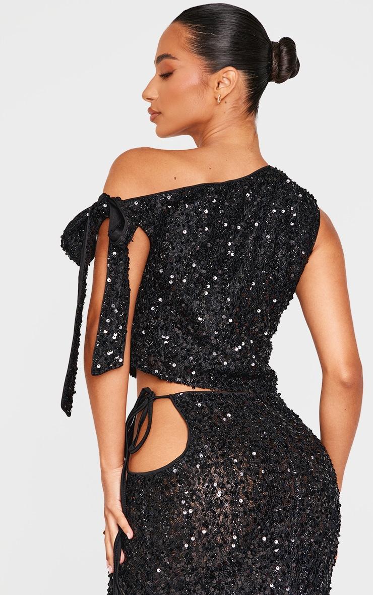 Petite Black Tie Detail Sequin Top Product Image