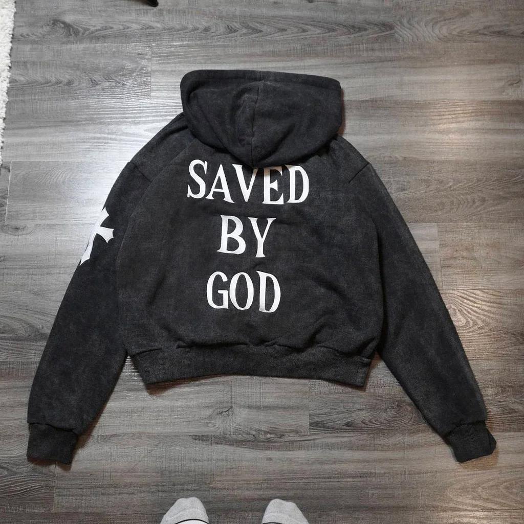 Vintage Hip-Hop Saved By God Graphic Acid Washed Oversized Hoodie Product Image