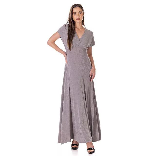 Womens 24Seven Comfort Apparel Flutter Sleeve Metallic Knit Maxi Dress Front Slit Empire Waist Product Image