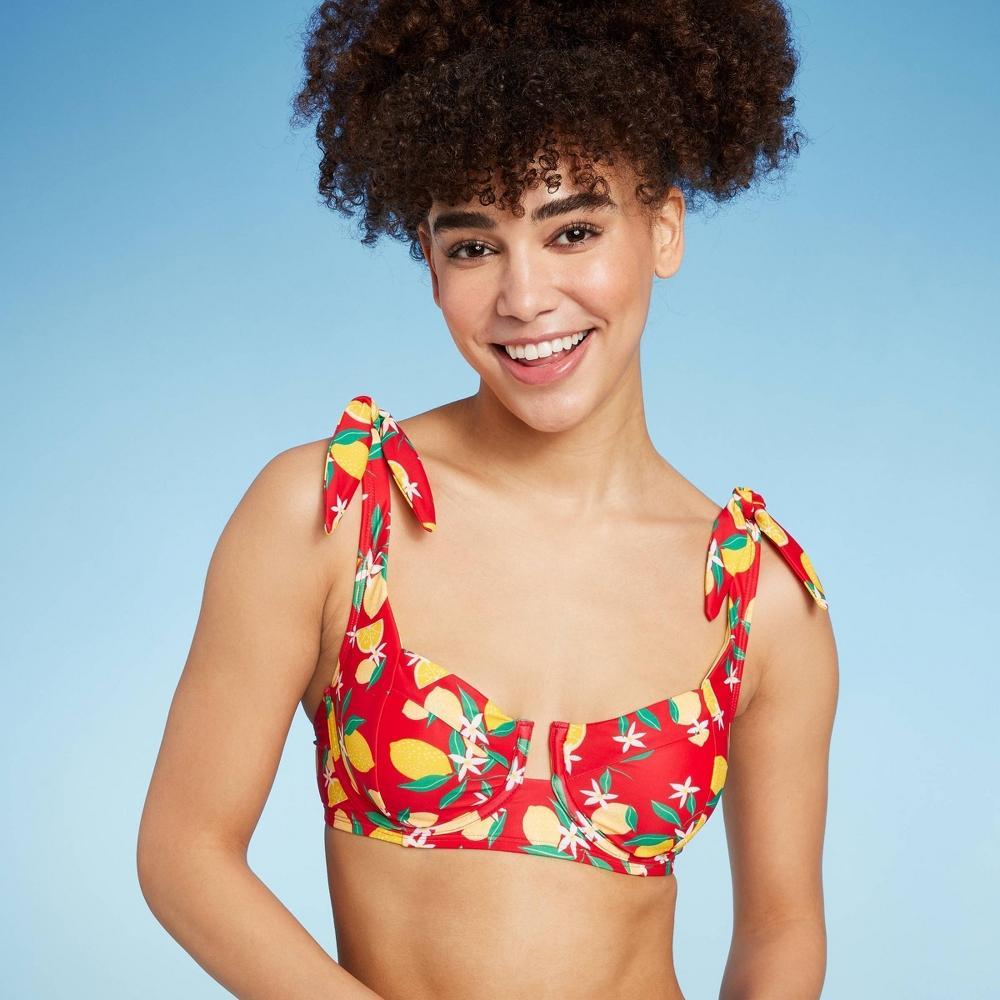 Womens Shoulder Tie Underwire Bikini Top - Wild Fable Red Lemon Print XL Product Image