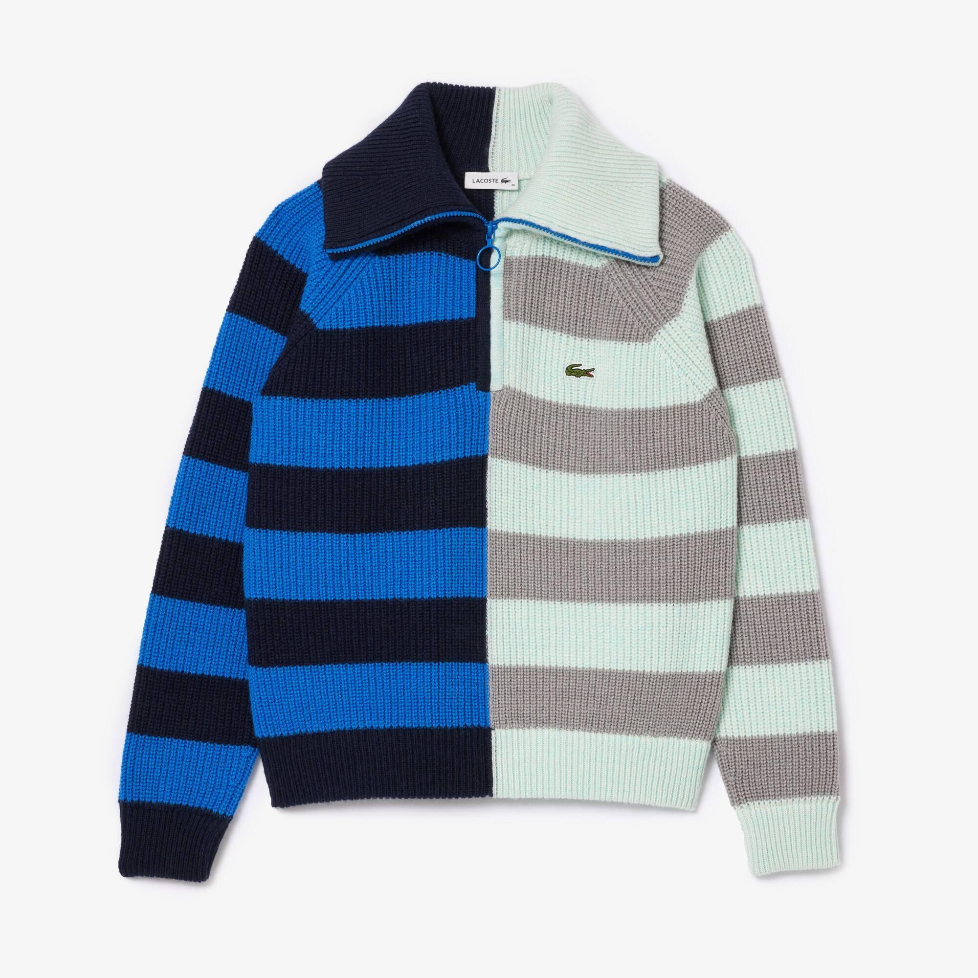 Wool Zip Neck Contrast Stripe Colour-Block Sweater Product Image