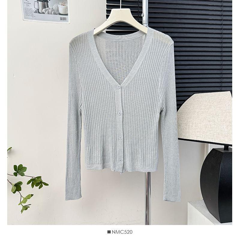 Long-Sleeve V-Neck Ribbed Light Cardigan in 9 Colors Product Image