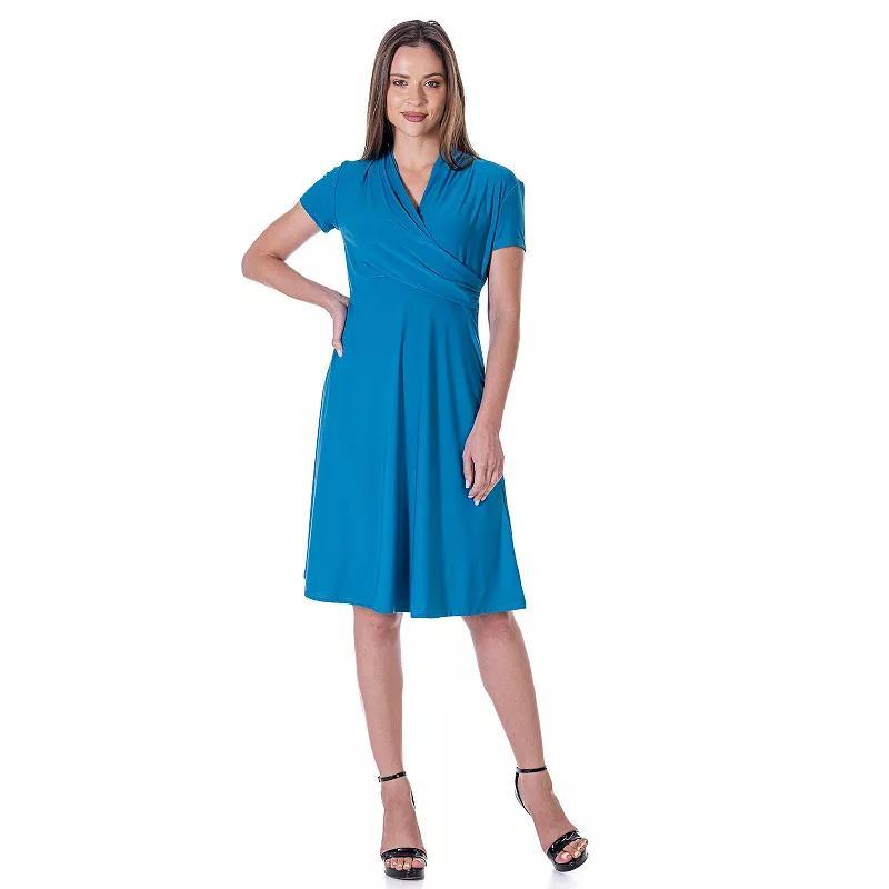 Womens 24Seven Comfort Short Sleeve Knee Length V Neck Rouched Wrap Dress Turq/Blue Product Image