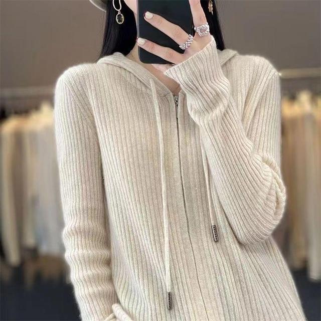 Plain Hooded Ribbed Zip Cardigan Product Image