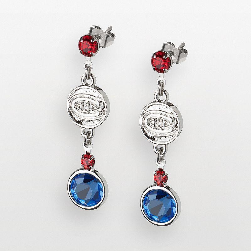 LogoArt Montreal Canadiens Silver Tone Crystal Logo Linear Drop Earrings, Womens Product Image