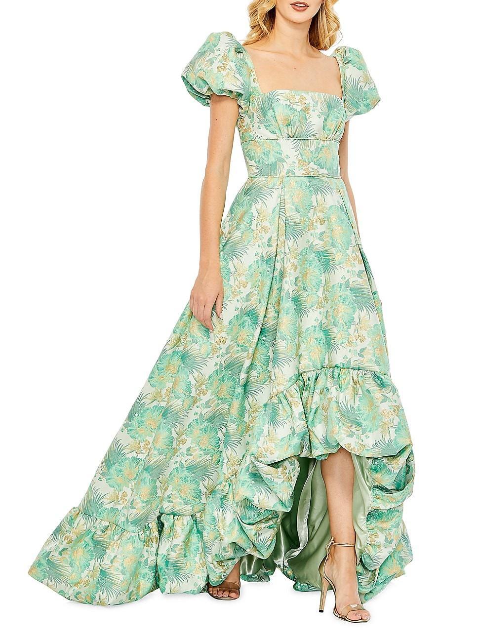 Mac Duggal Womens Floral Print Puff Sleeve Hi-Lo Brocade Gown Product Image