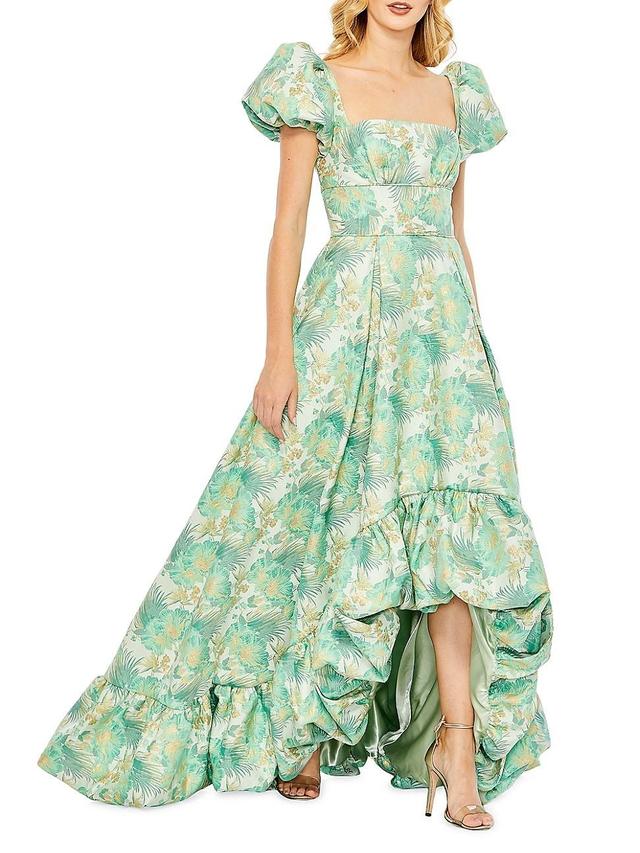 Mac Duggal Floral Print Square Neck Short Puffed Sleeve High-low Brocade Ball Gown Product Image