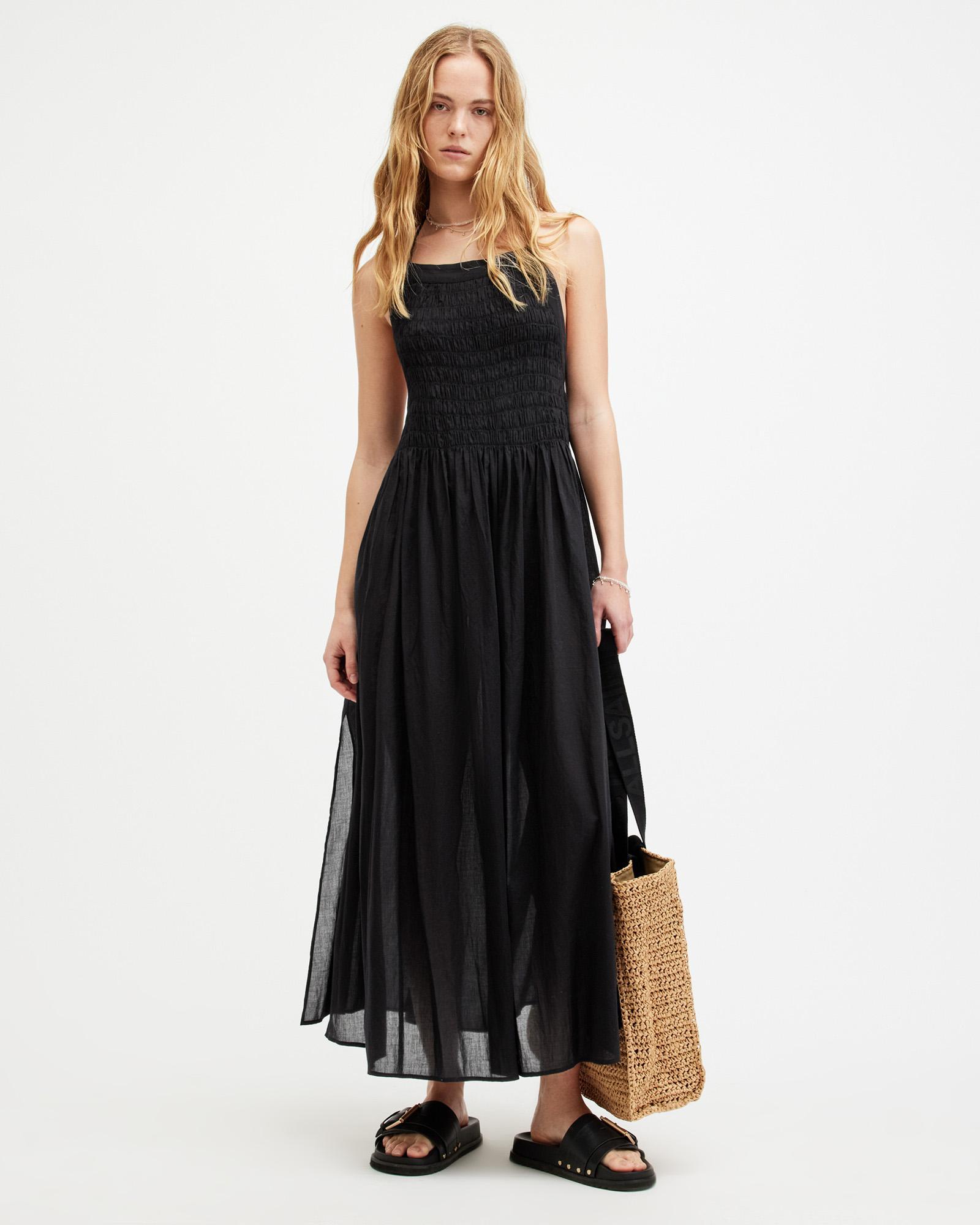 Womens Black Iris Shirred Cotton Midi Dress Product Image