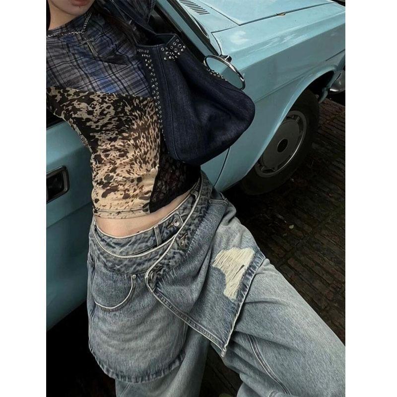 Low Rise Mock Two Piece Washed Distressed Loose-Fit Wide-Leg Jeans Product Image