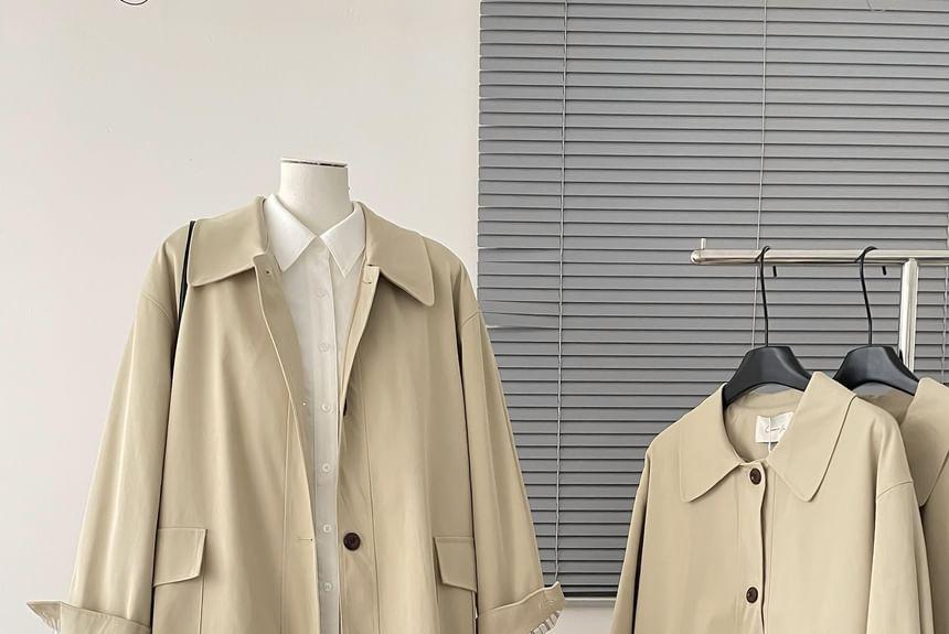 Collar Plain Single-Breasted Trench Coat Product Image