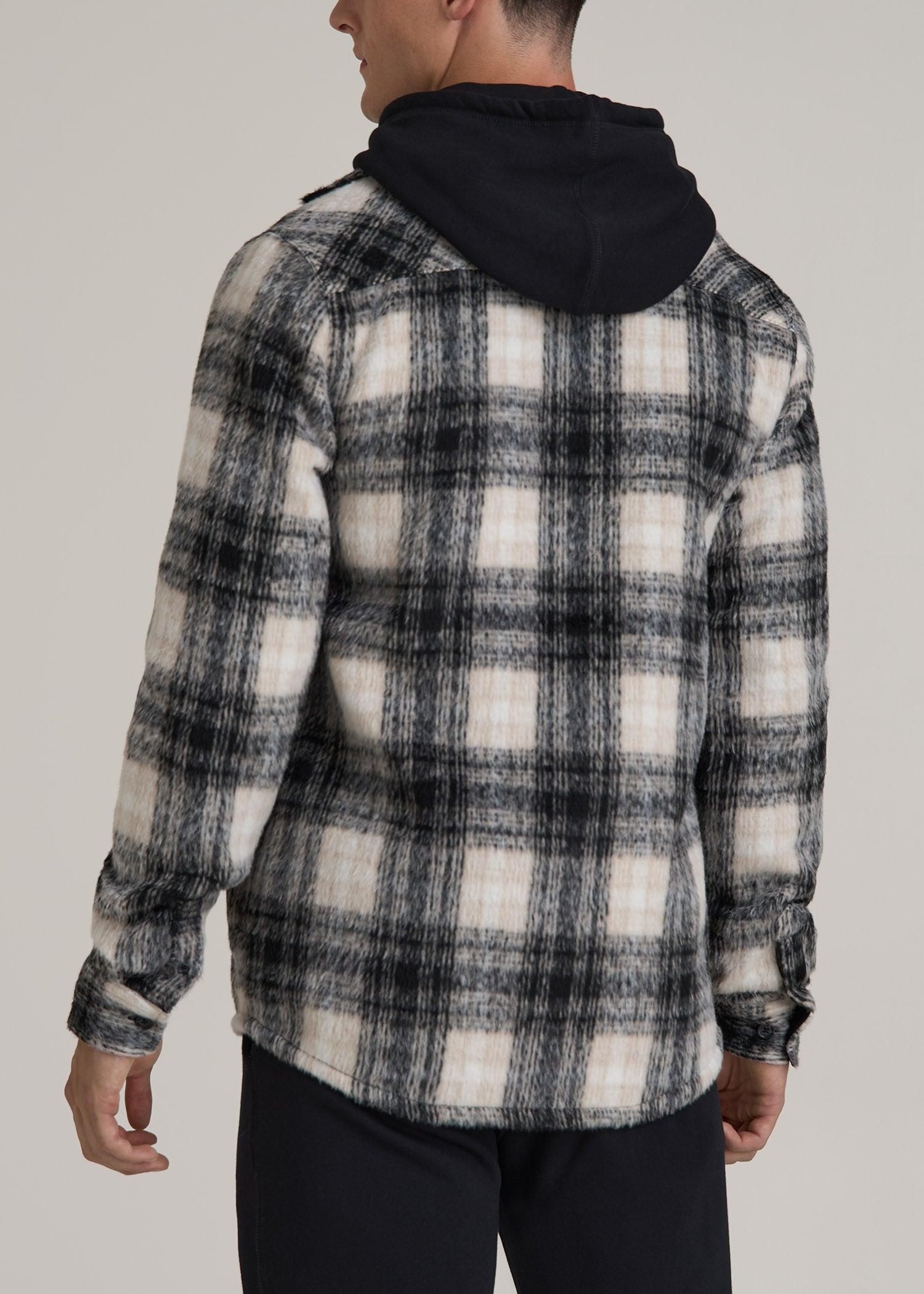 Brushed Flannel Overshirt for Tall Men in Ecru and Black Plaid Male Product Image