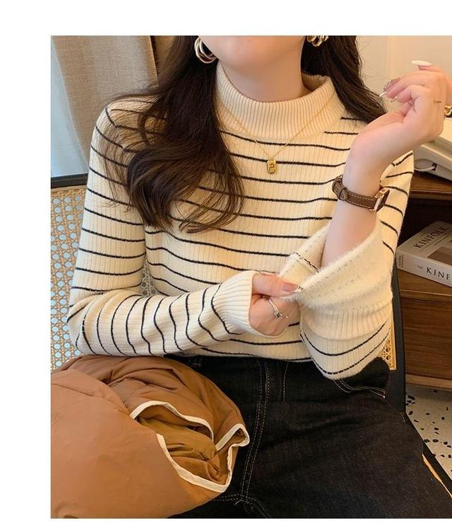 Long-Sleeve Mock Neck Striped Knit Top Product Image