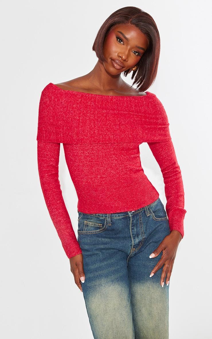 Tall Red Off The Shoulder Knitted Sweater product image