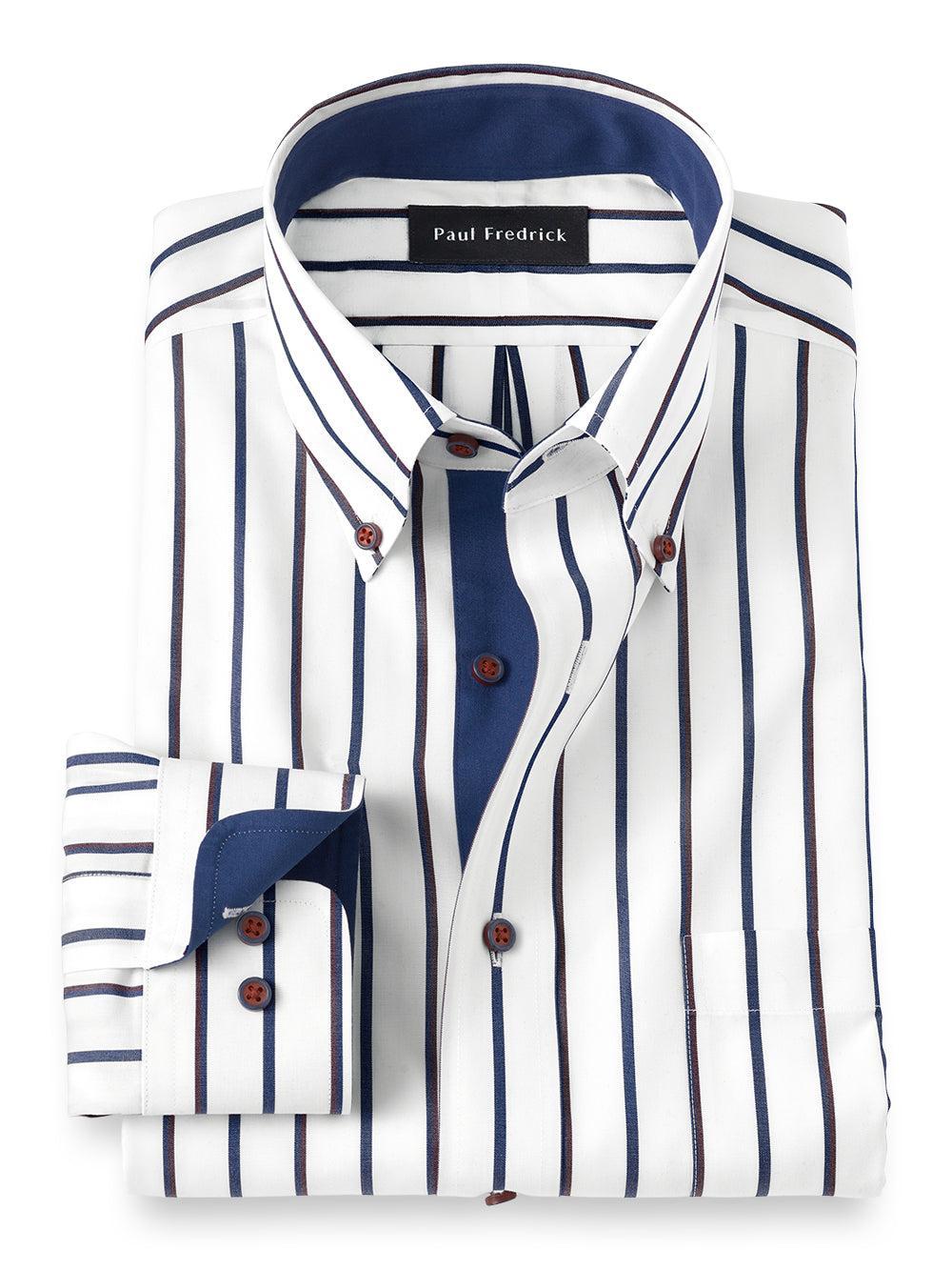 Tailored Fit Non-iron Cotton Stripe Dress Shirt With Contrast Trim Product Image