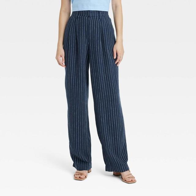 Womens High-Rise Linen Pleated Front Straight Pants - A New Day Navy/White Pinstripe 2 Product Image