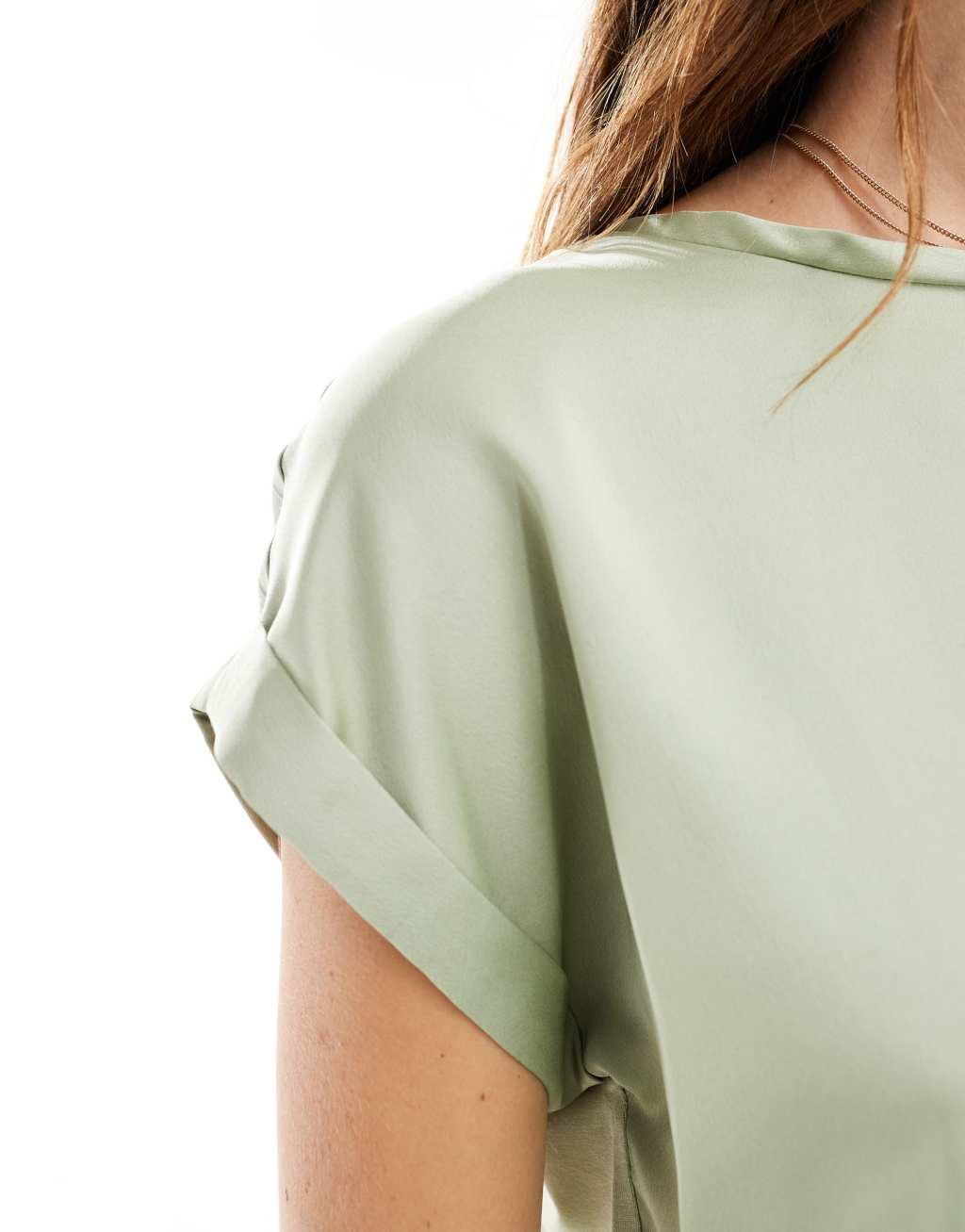 Vila satin front t-shirt with cuffed sleeve in sage green Product Image