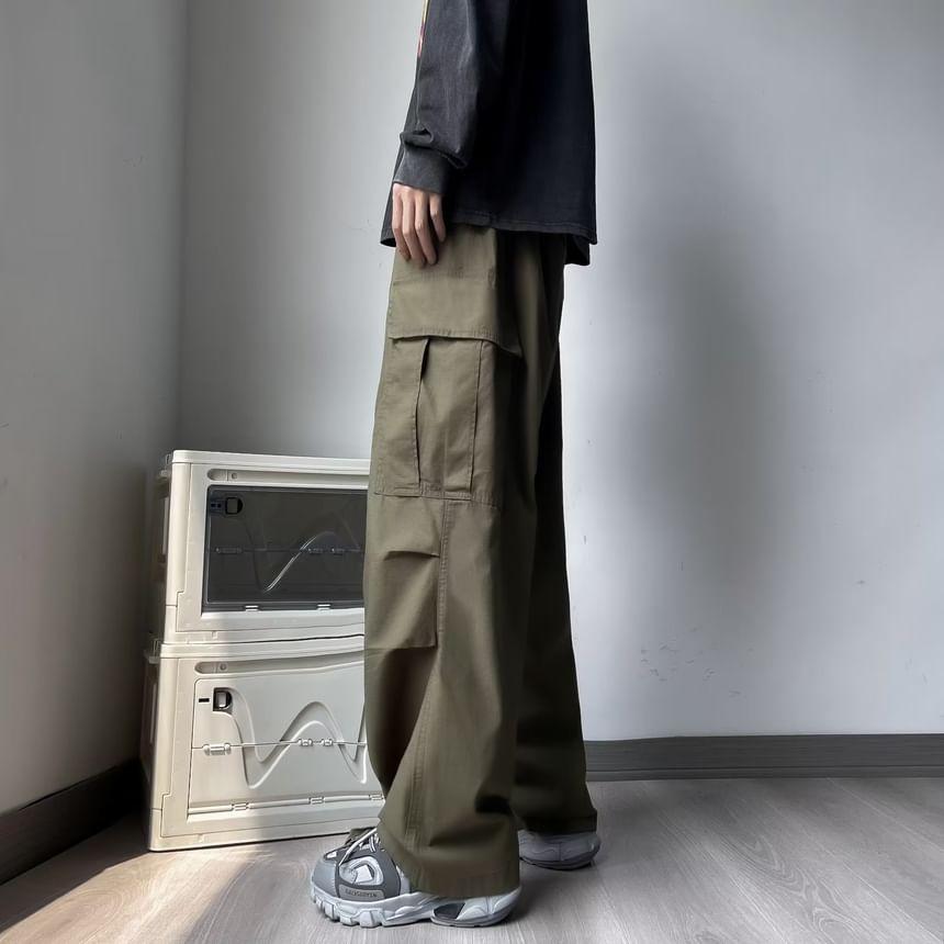 Drawstring Waist Plain Wide Leg Cargo Pants product image