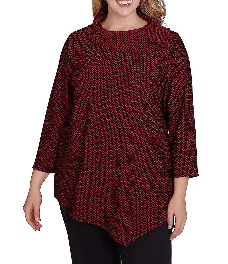 Ruby Rd. Plus Size Jacquard Knit Herringbone Cowl Neck 3/4 Sleeve Asymmetric Hem Top Product Image