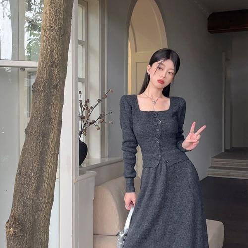 Square Neck Plain Button Cardigan / High Waist Plain Maxi A-Line Skirt Product Image