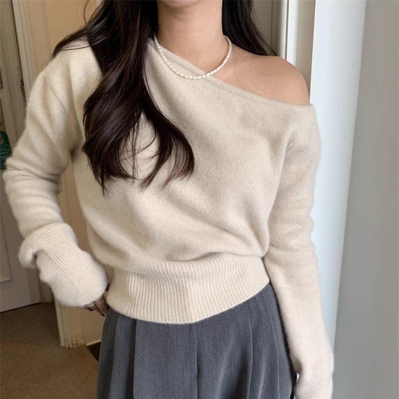 One-Shoulder Plain Sweater Product Image