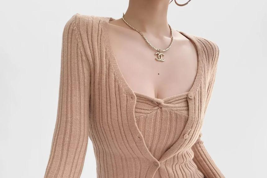 Set: V-Neck Plain Crop Cardigan + Cami Top Product Image