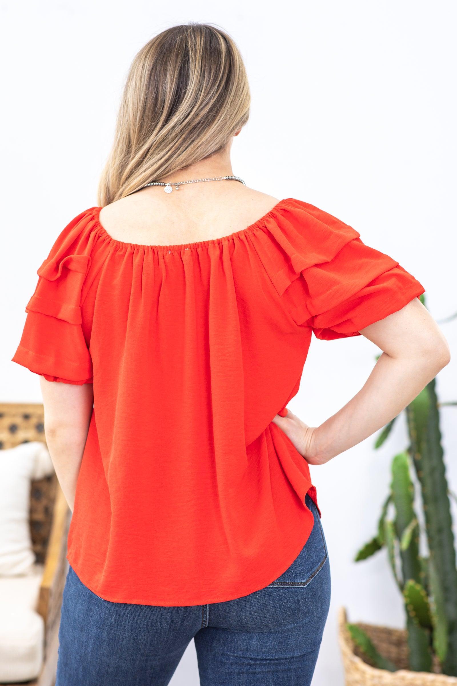 Red Tiered Puff Sleeve Woven Top Product Image