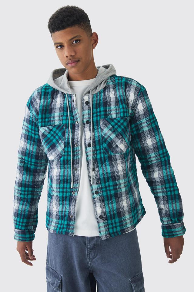 Tall Jersey Homme Hood Padded Plaid Overshirt | boohooMAN USA Product Image