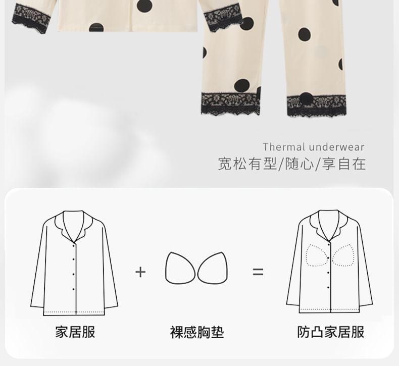 Pajama Set : Lace Panel Polka Dot Padded Button-Up Shirt + Pants Product Image