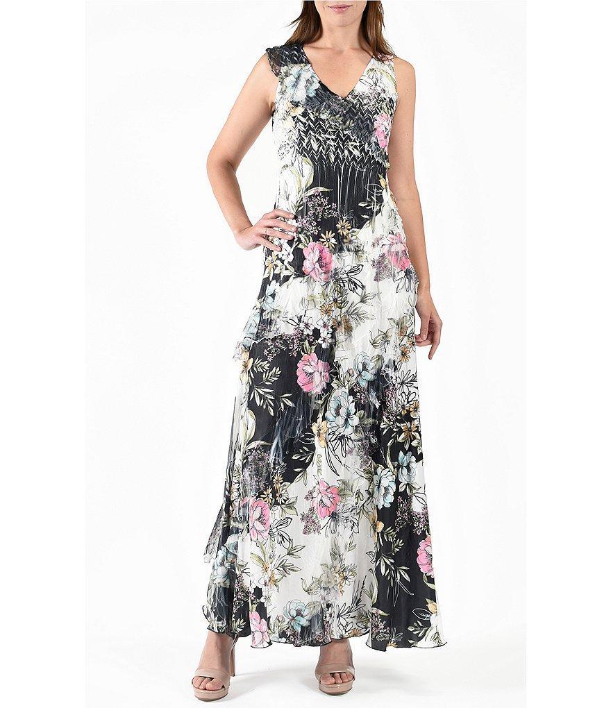 Komarov Lace Floral Pleated Charmeuse V-Neck Sleeveless Asymmetrical Ruffle Dress Product Image