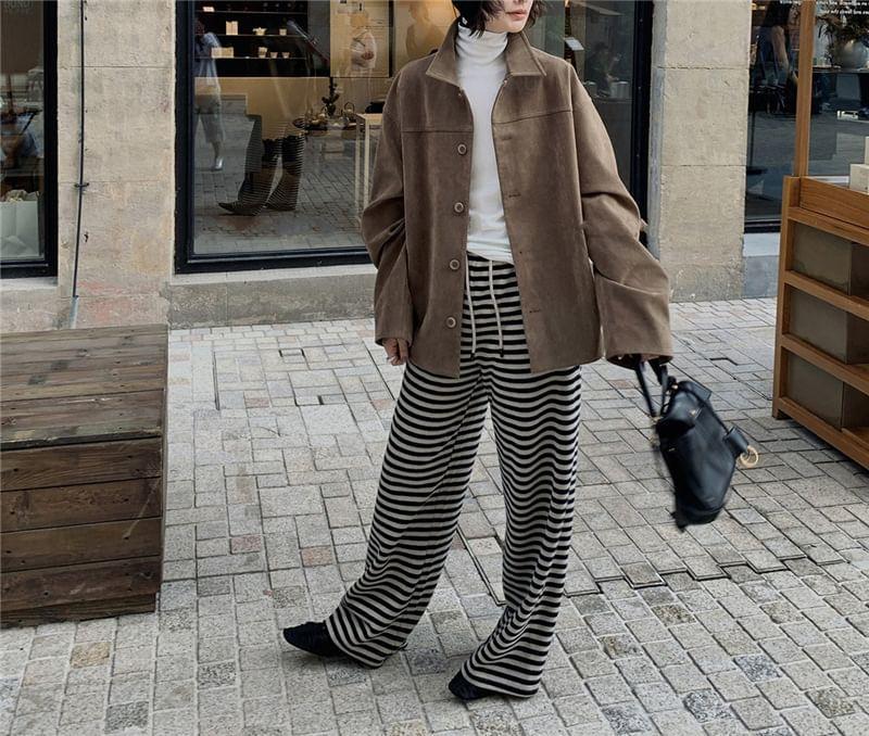 Drawstring Waist Striped Wide Leg Knit Pants Product Image