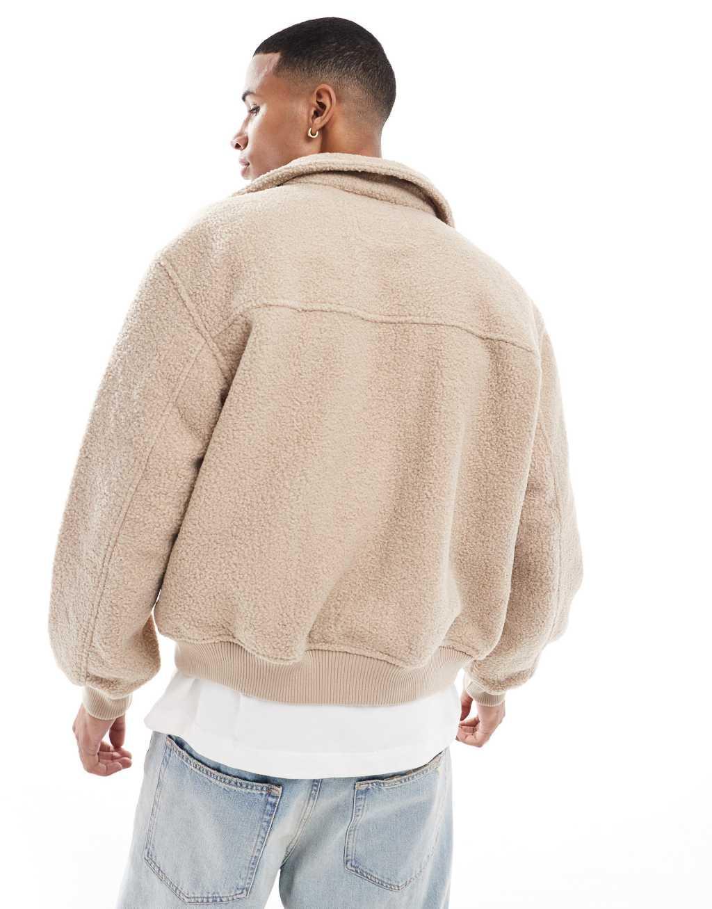 Bershka textured shearling jacket in ecru Product Image