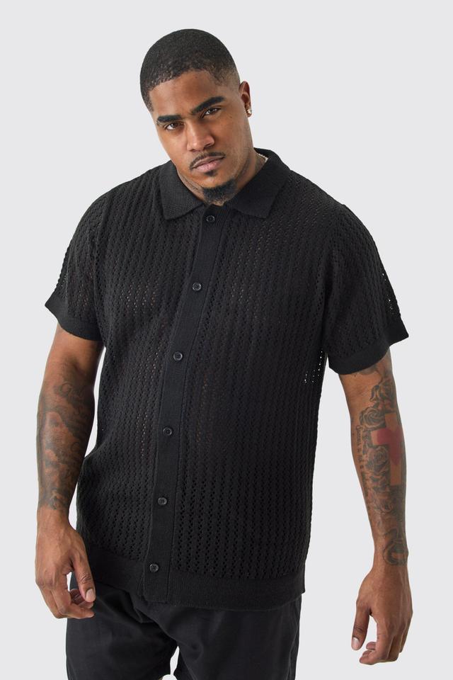 Plus Open Stitch Short Sleeve Knitted Shirt In Black | boohooMAN USA Product Image