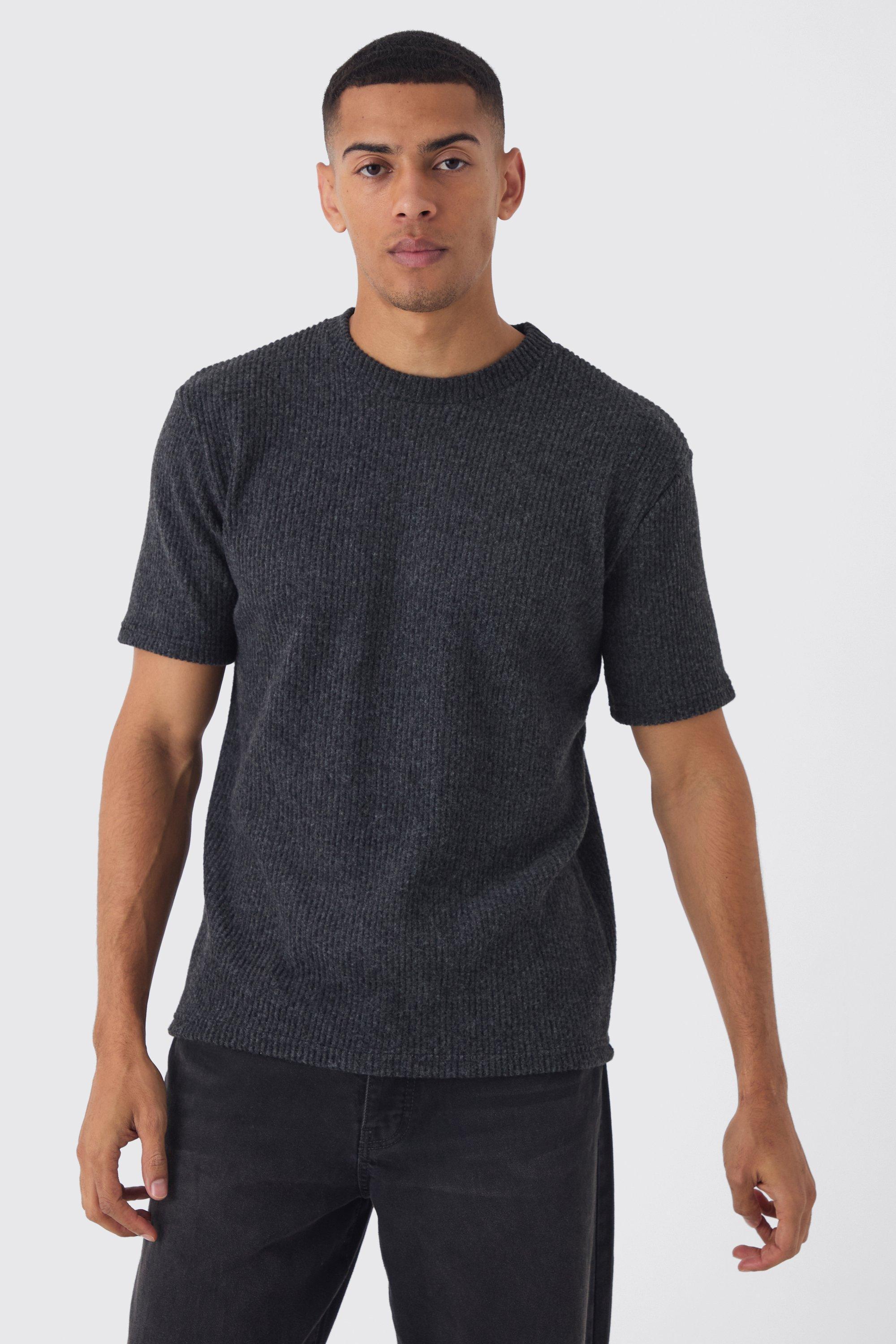 Slim Fit Brushed Knitted T-Shirt | boohooMAN USA Product Image