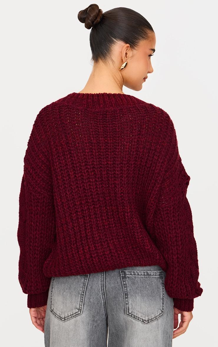  Burgundy Marl Knit Distressed Detail Chunky Cable Sweater Product Image