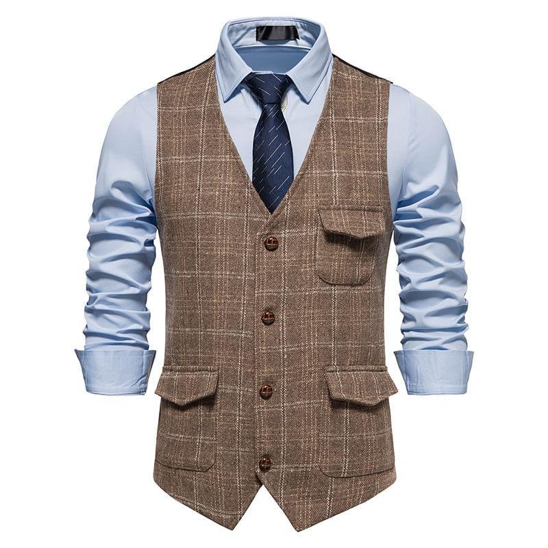 V-Neck Plaid Tweed Button Vest Product Image