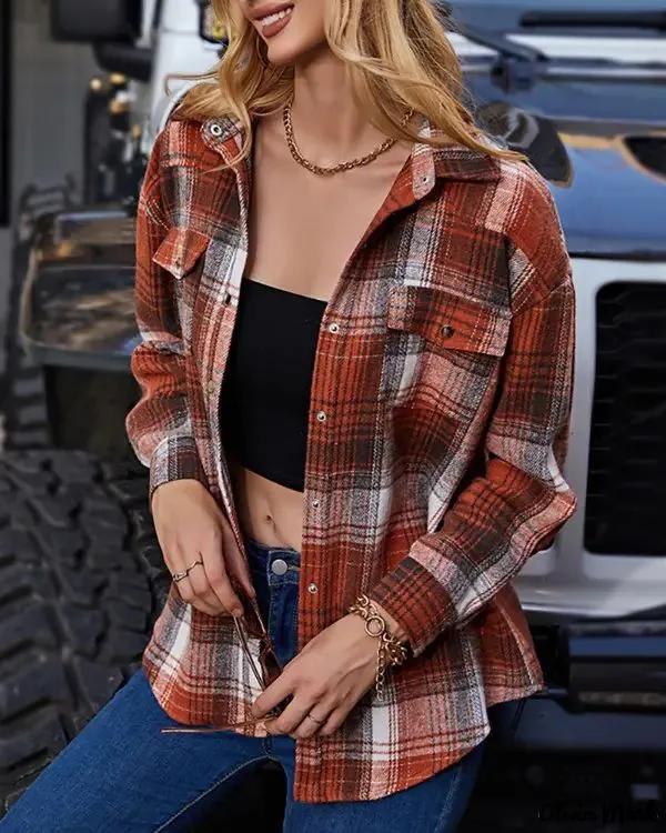 Olivia Mark – Plaid Print Long Sleeve Button-Up Shirt Product Image