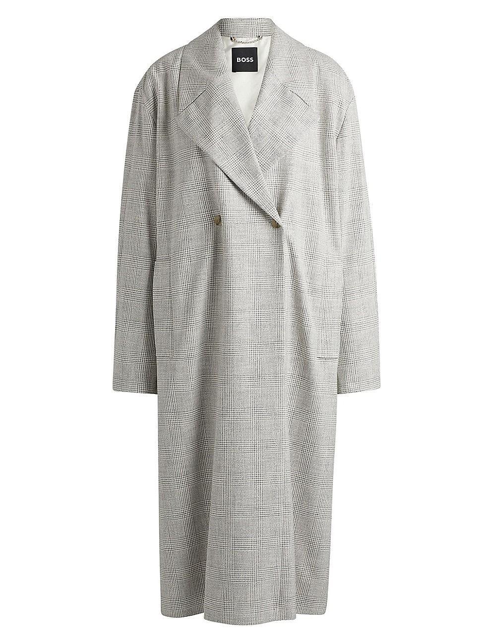 Womens Double-Breasted Coat in Checked Crepe with Partial Lining Product Image