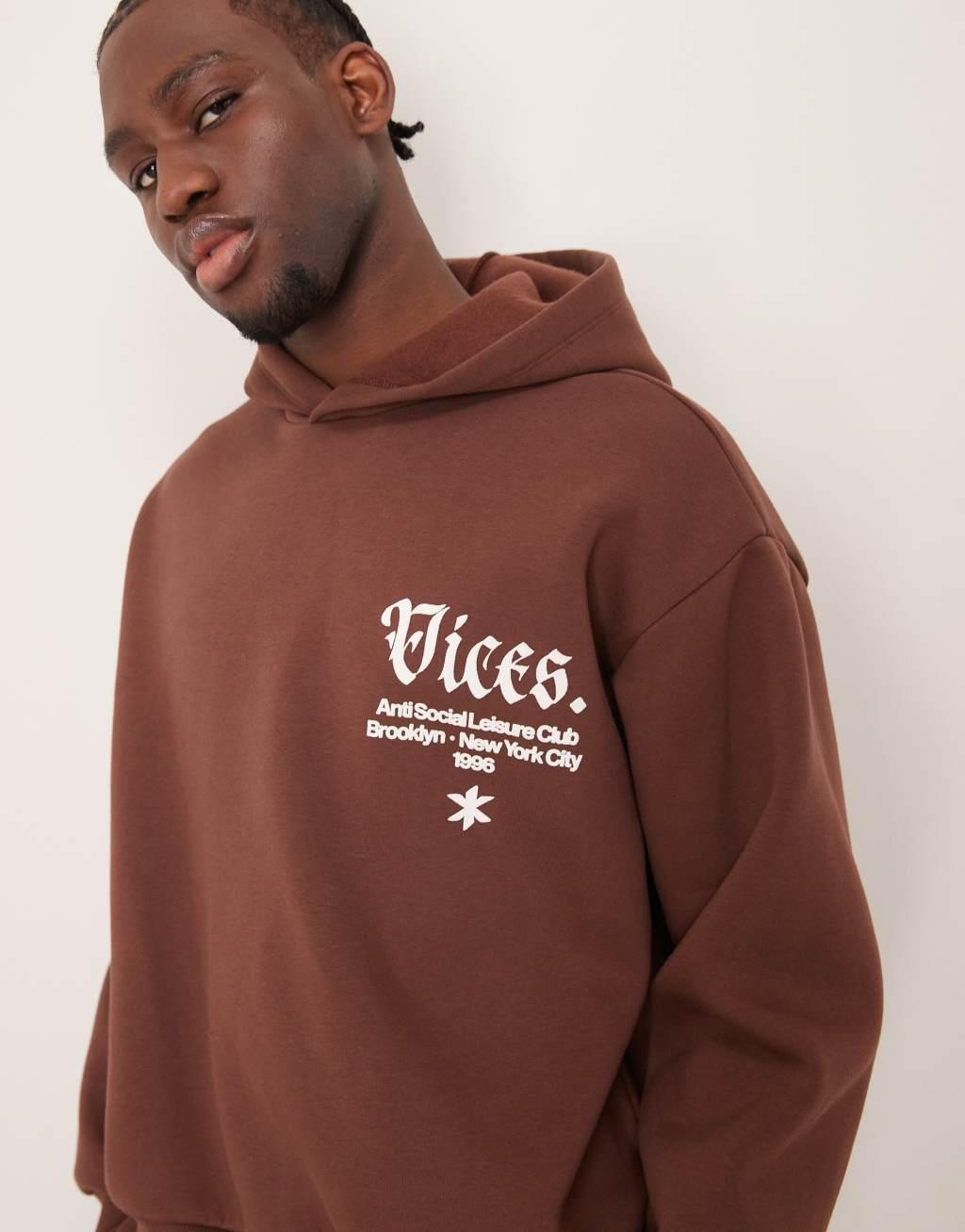 ASOS DESIGN super oversized hoodie with chest and hood print in brown - part of a set Product Image