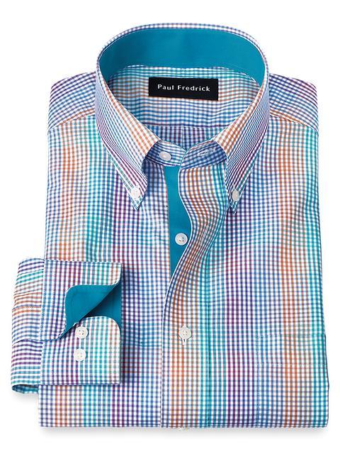 Non-Iron Cotton Tattersall Dress Shirt With Contrast Trim - Multi Product Image