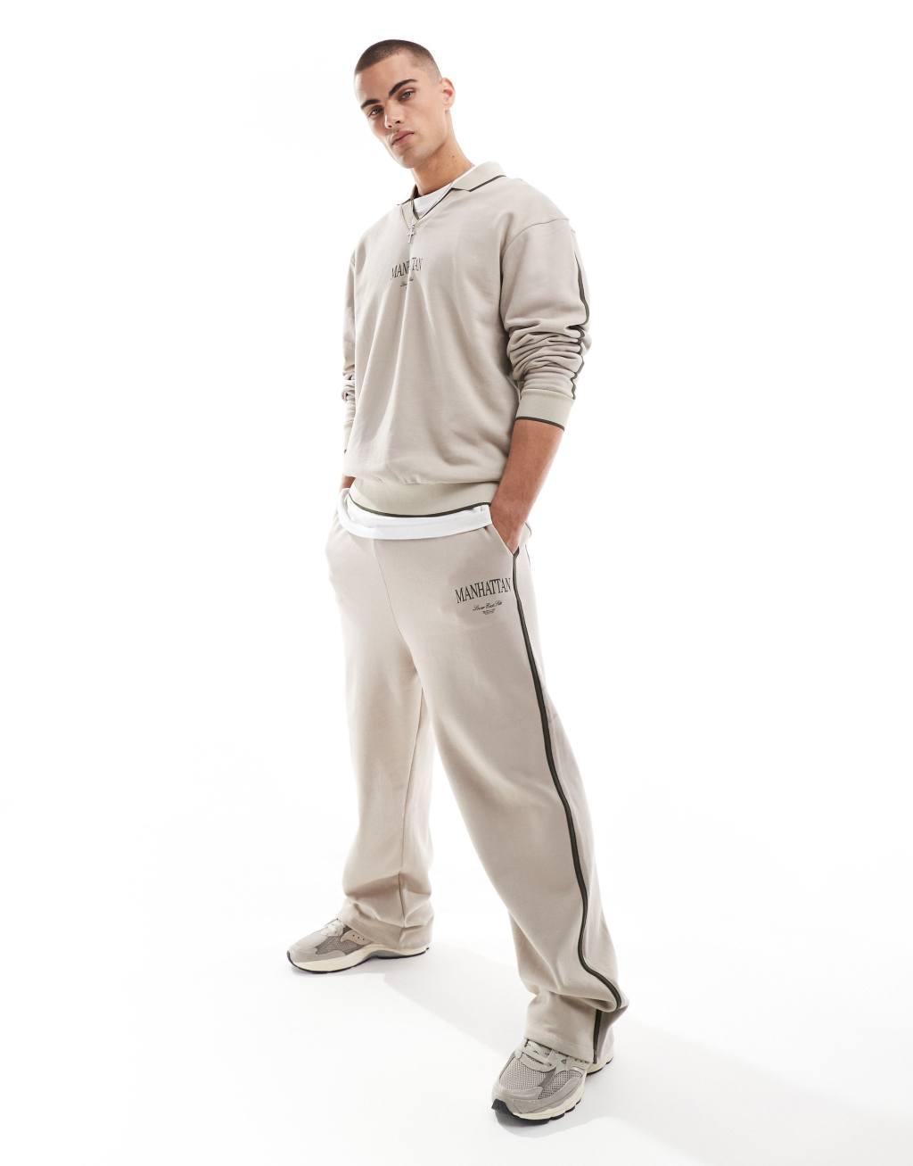 ASOS DESIGN wide leg sweatpants with side taping and city print in stone  product image