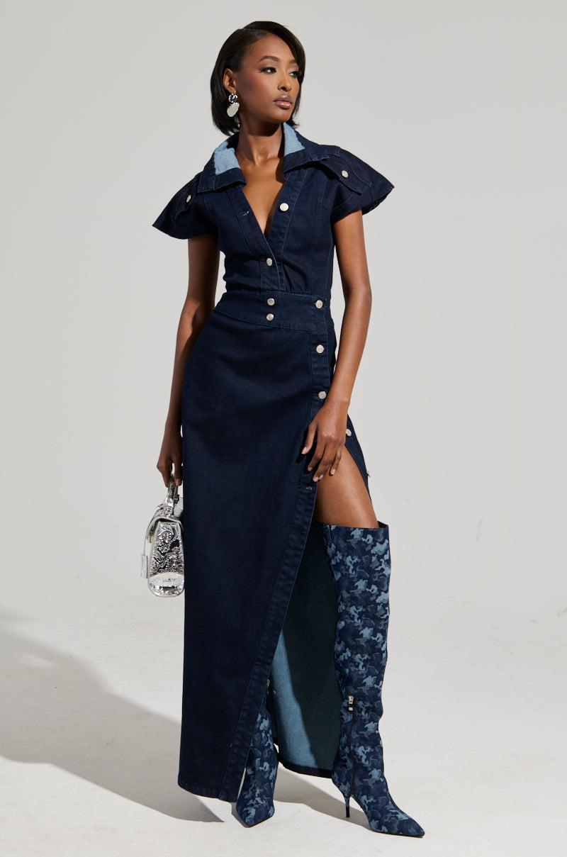 CHELSEA BUTTON SIDE DENIM MAXI DRESS Product Image