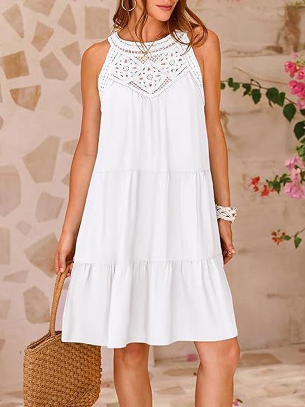 Loose Sleeveless Hollow Pleated Solid Color Split-Joint Round-Neck Mini Dresses Product Image