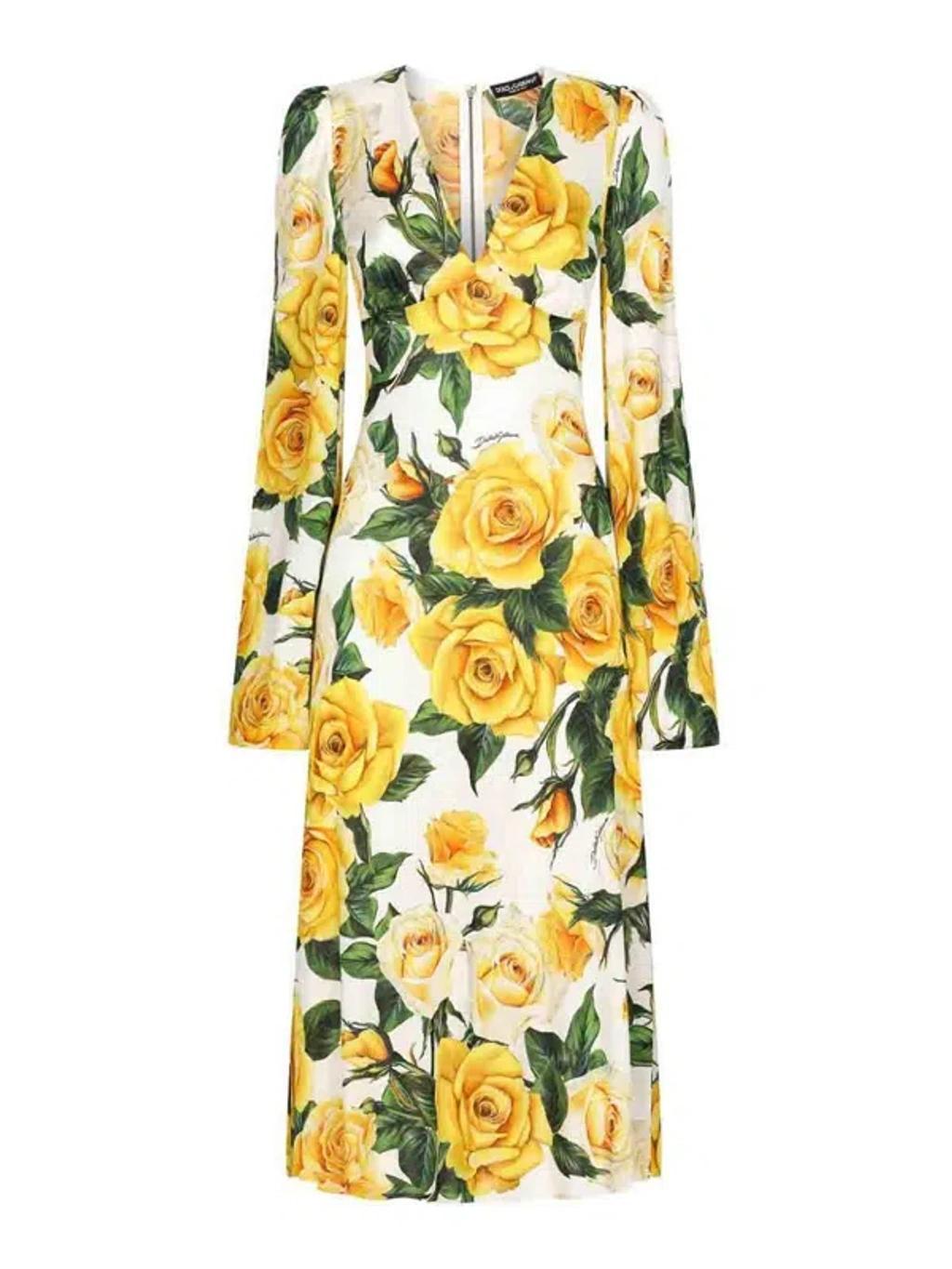 DOLCE & GABBANA Rose Printed Organzino Silk Midi Dress In Rose Gialle product image