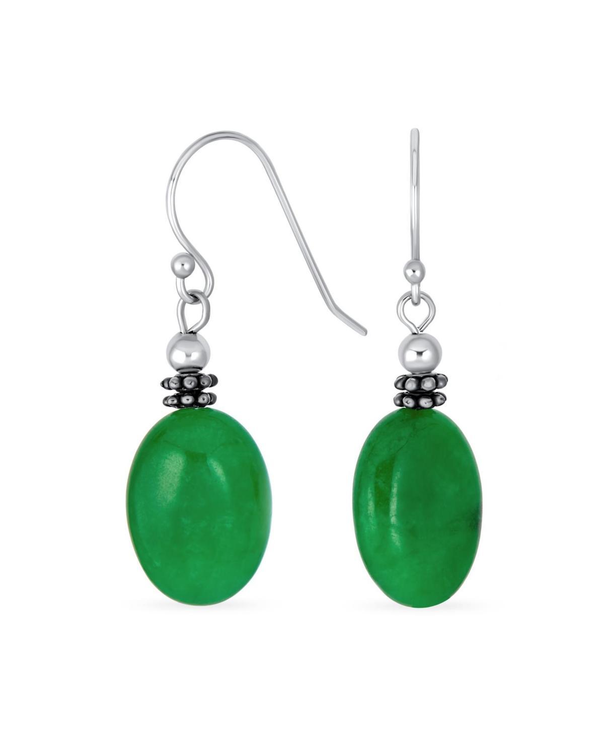 Bali Style Green Jade Milgrain Oval Gemstone Drop Earrings For Women .925 Sterling Silver Oxidized Wire Fish Hook Product Image