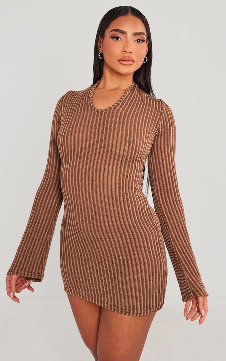 Chocolate Contrast Ribbed Open Back Long Sleeve Mini Dress Product Image