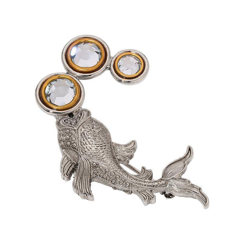 1928 Silver Tone Koi Fish Crystal Bubbles Brooch, Womens, Gray Product Image