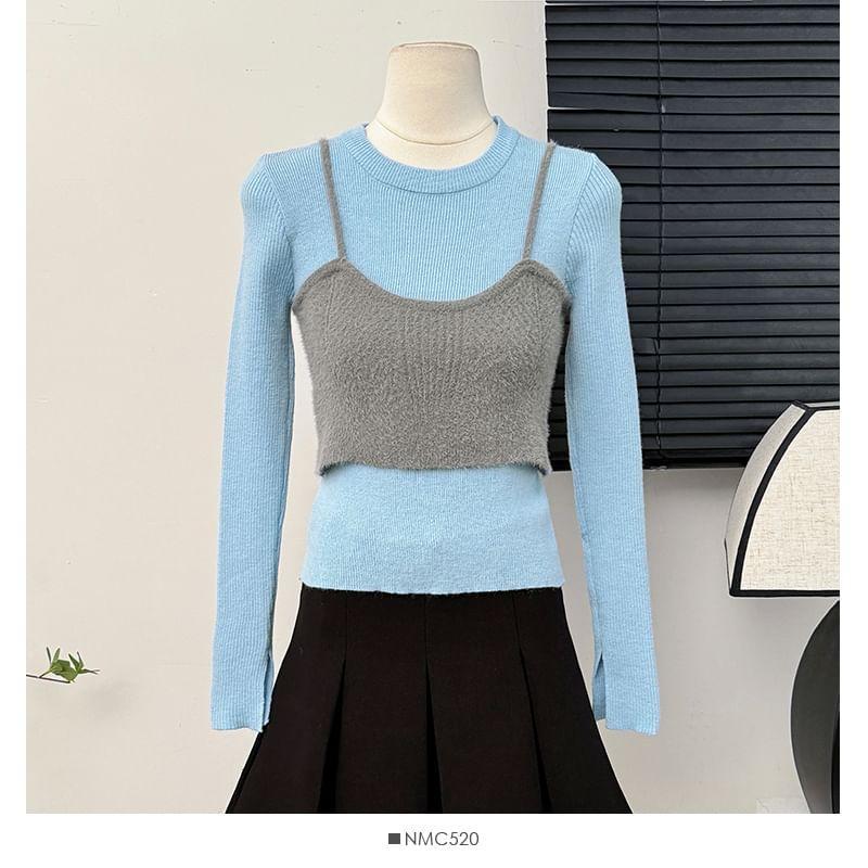 Plain Knit Crop Top with Camisole Top Product Image